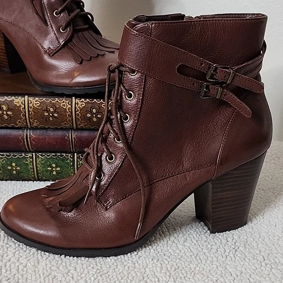 Bella Vita Kody Leather Boots Victorian Tassel Buckle Ankle Booties Cognac Brown - Picture 2 of 13